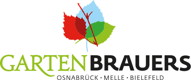 Logo mit drei bunten Blättern und dem Schriftzug "GARTEN BRAUERS", darunter die Orte Osnabrück, Melle, Bielefeld.